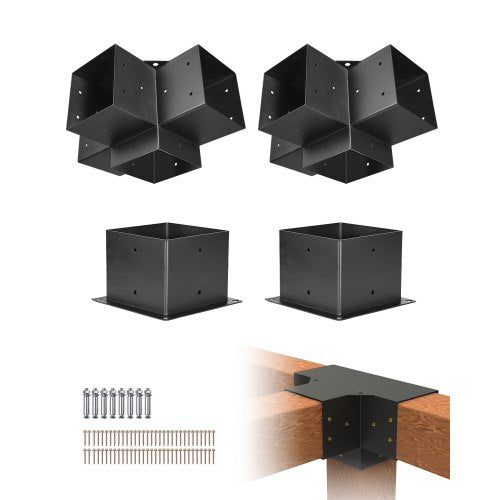 VEVOR Pergola Bracket Kit 6''x6''(Inner Size 5.6x5.6), 4pcs 4-Way Heavy Duty Corner Bracket Woodworks DIY Post Base Kit, Easy Installation Wooden Beams for Gazebos, Patio - LPJJTZST4PCS2K9OOV0 - view 1