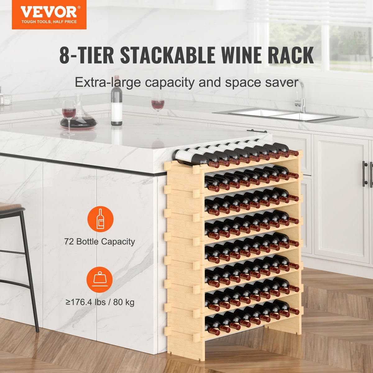 VEVOR 72 Bottle Stackable Modular Wine Rack, 8-Tier Solid Bamboo Wood Storage Racks, Floor Freestanding Wines Holder Display Shelf, Wobble-Free Shelves for Kitchen, Bar, and Cellar (Natural Color) - LSJJZZCPKD872TTK7V0 - view 2