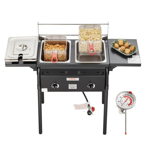 VEVOR Outdoor Propane Deep Fryer, Double Burners Commercial Fryer, 16 Qt Stainless Steel Cooker with Removable Baskets & Lids & Tanks, Oil Fryer Cart with Thermometer & Regulator, For Outdoor Cooking - LSRQZGGXSGS18LU5HV0 - view 1