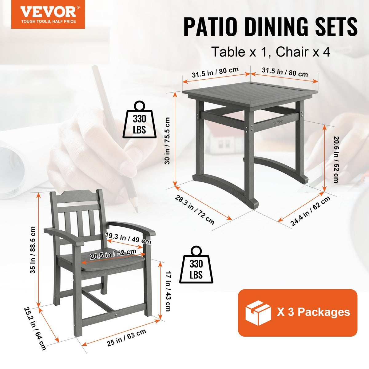 VEVOR 5 Pieces Patio Dining Set, Outdoor Square Furniture Table and Chairs, All Weather Garden Furniture Table Sets, HIPS Small Patio Conversation Set, For Lawn, Deck, Backyard, Poolside, Light Gray - LTCZYQHSSL4S5YFPUV0 - view 2