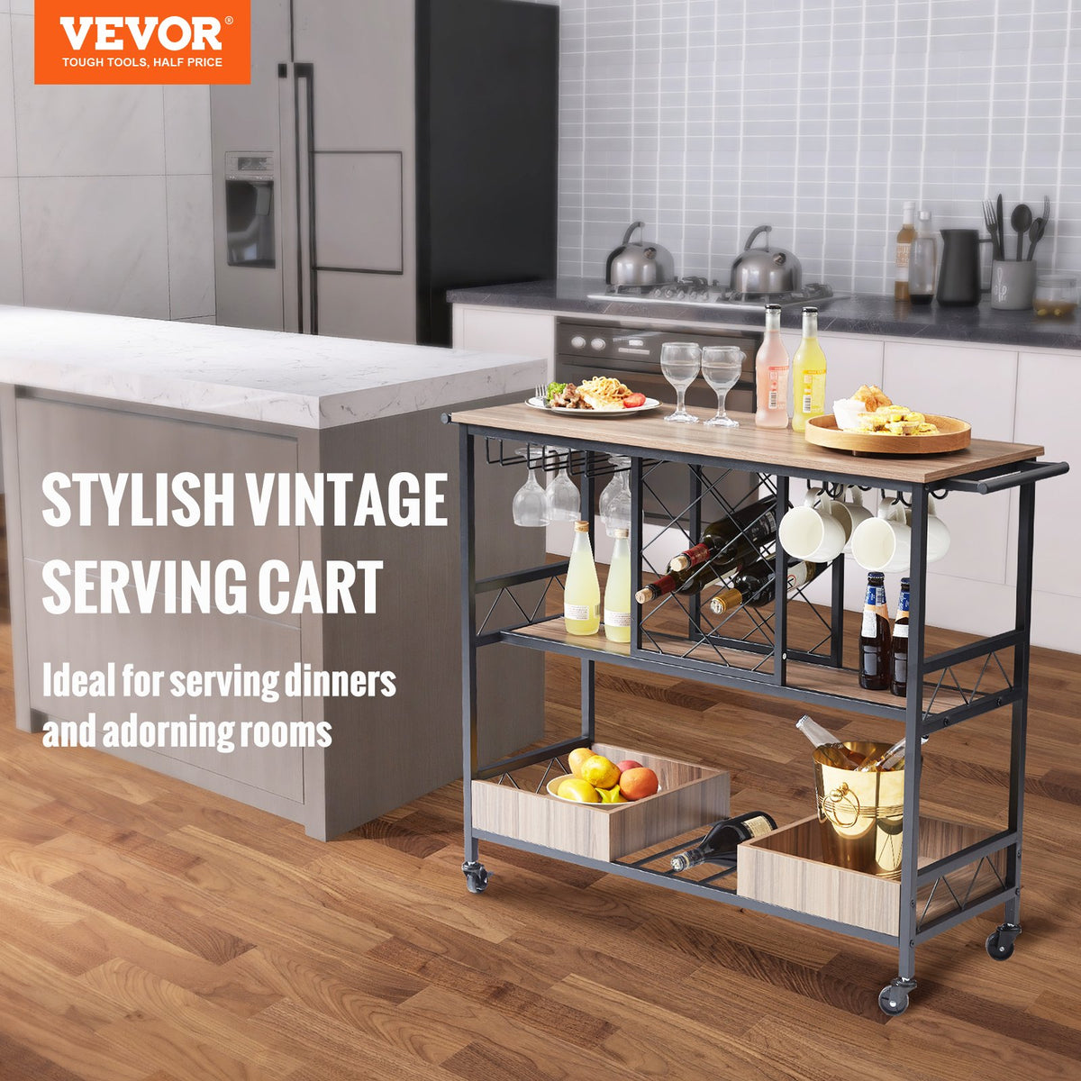 VEVOR Bar Cart, Home Serving Cart, 3 Tiers 300 LBS Industrial Rolling Beverage Station on Lockable Wheels, Mobile Alcohol Drink Cart with Removable Tray Wine Rack Glass Holder for - MBFWCCB157X39FQVKV0 - view 2