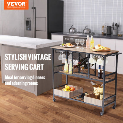VEVOR Bar Cart, Home Serving Cart, 3 Tiers 300 LBS Industrial Rolling Beverage Station on Lockable Wheels, Mobile Alcohol Drink Cart with Removable Tray Wine Rack Glass Holder for - MBFWCCB157X39FQVKV0 - view 2