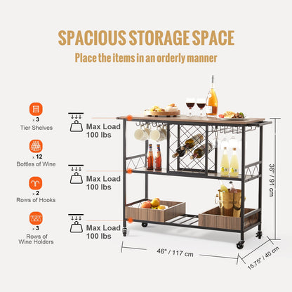 VEVOR Bar Cart, Home Serving Cart, 3 Tiers 300 LBS Industrial Rolling Beverage Station on Lockable Wheels, Mobile Alcohol Drink Cart with Removable Tray Wine Rack Glass Holder for - MBFWCCB157X39FQVKV0 - view 3