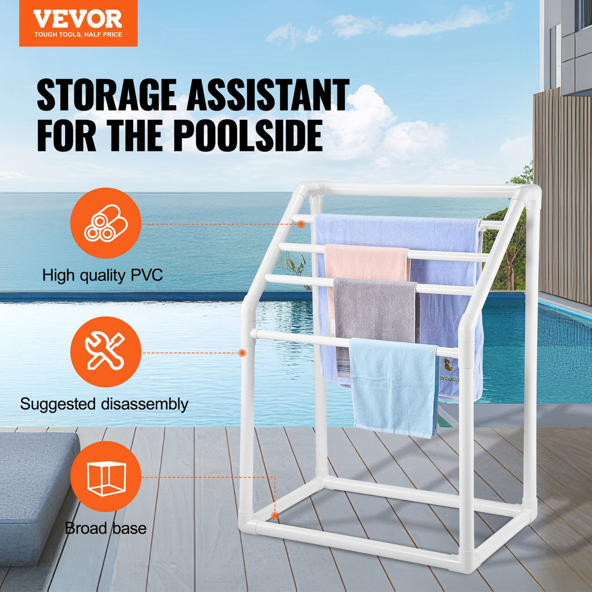 VEVOR Towel Rack, 5 Bars Outdoor PVC Towel Holder, Freestanding Pool Towel Hanger Stand with Clips, Bag & Hook, Outdoor Indoor Quilt Drying Rack Organizer, Ideal for Poolside, - MJJBSTXGBDDW50V7JV0 - view 2