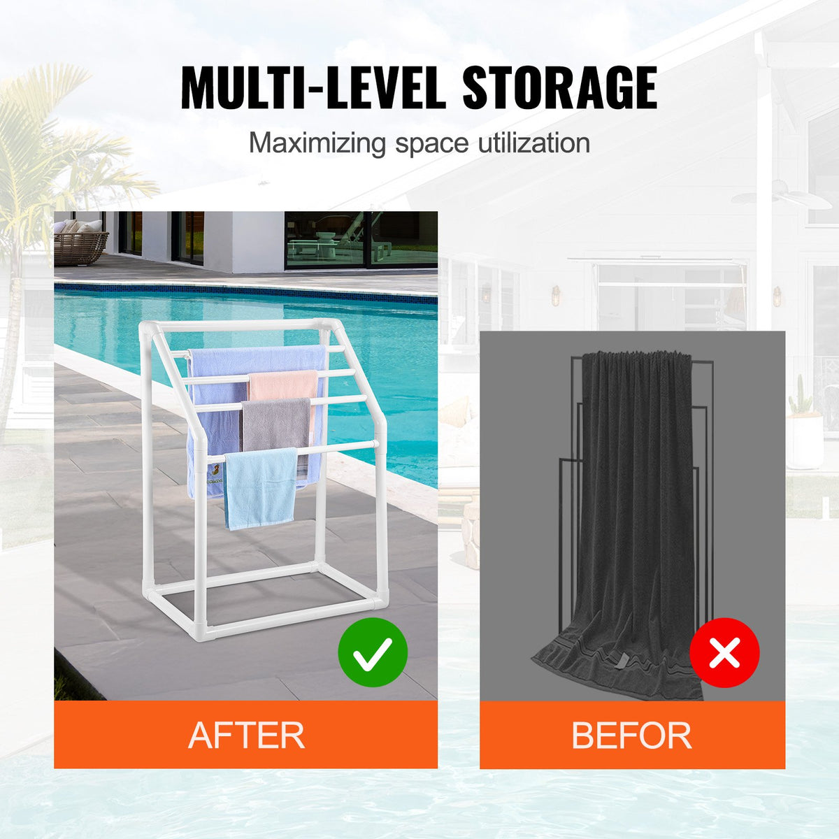 VEVOR Towel Rack, 5 Bars Outdoor PVC Towel Holder, Freestanding Pool Towel Hanger Stand with Clips, Bag & Hook, Outdoor Indoor Quilt Drying Rack Organizer, Ideal for Poolside, - MJJBSTXGBDDW50V7JV0 - view 3