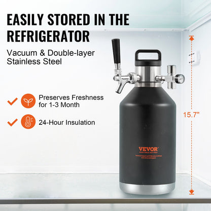 VEVOR Beer Growler Tap System, 128Oz 4L Mini Keg, 304 Stainless Steel Pressurized Beer Growler, Keg Growler with Pressure Display, CO2 Regulator Faucet, Leak-Proof Ring For Draft, Homebrew, Craft Beer - MNPJTHSY128OZG02SV0 - view 3