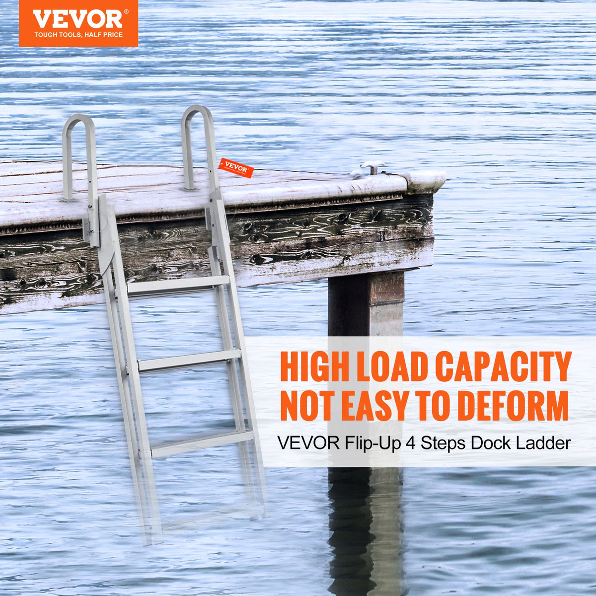 VEVOR Dock Ladder Flip Up 4 Steps, 350lbs Load Capacity, Aluminum Pontoon Boat Ladder with 4" Wide Step & Nonslip Rubber Mat,Swimm Step Ladder for Ship/Lake/Pool/Marine Boarding - MTXTSFSJFHXJD7NNUV0 - view 2