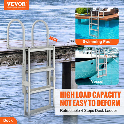VEVOR Dock Ladder, Retractable 4 Steps, 350 lbs Load Capacity, Aluminum Alloy Pontoon Boat Ladder with 55.1''-67.1'' Adjustable Height, 4'' Wide Step & Rubber Mat, for - MTZTSSSWJFHXJIYZIV0 - view 2