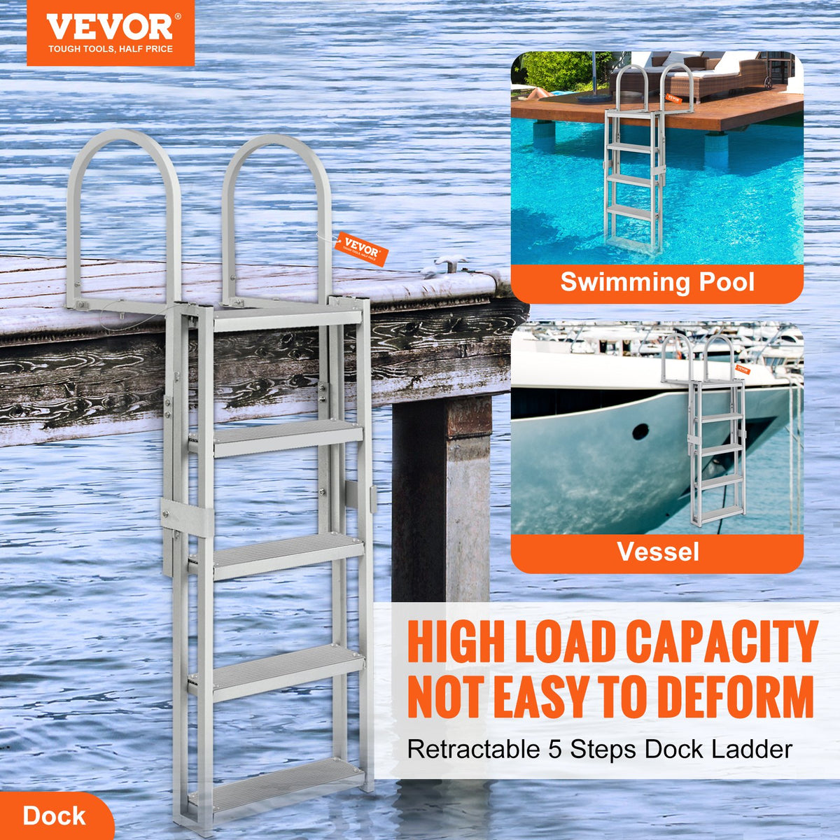VEVOR Dock Ladder, Retractable 5 Steps, 350 lbs Load Capacity, Aluminum Alloy Pontoon Boat Ladder with 66.9''-78.9'' Adjustable Height, 4'' Wide Step & Mat, for - MTZTSSSWJFHXJQFTNV0 - view 2