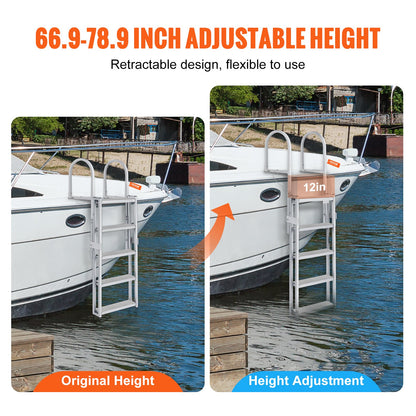 VEVOR Dock Ladder, Retractable 5 Steps, 350 lbs Load Capacity, Aluminum Alloy Pontoon Boat Ladder with 66.9''-78.9'' Adjustable Height, 4'' Wide Step & Mat, for - MTZTSSSWJFHXJQFTNV0 - view 3