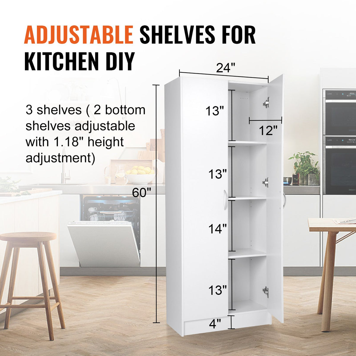 VEVOR Kitchen Pantry Cabinet, 60" Tall Food Pantry Storage Cabinet, 110LBS Freestanding Storage Cabinet Cupboard with 3 Shelves(2 Adjustable), Engineered Wood Utility Pantry for - MZDKCWJ12DX24DLQCV0 - view 3