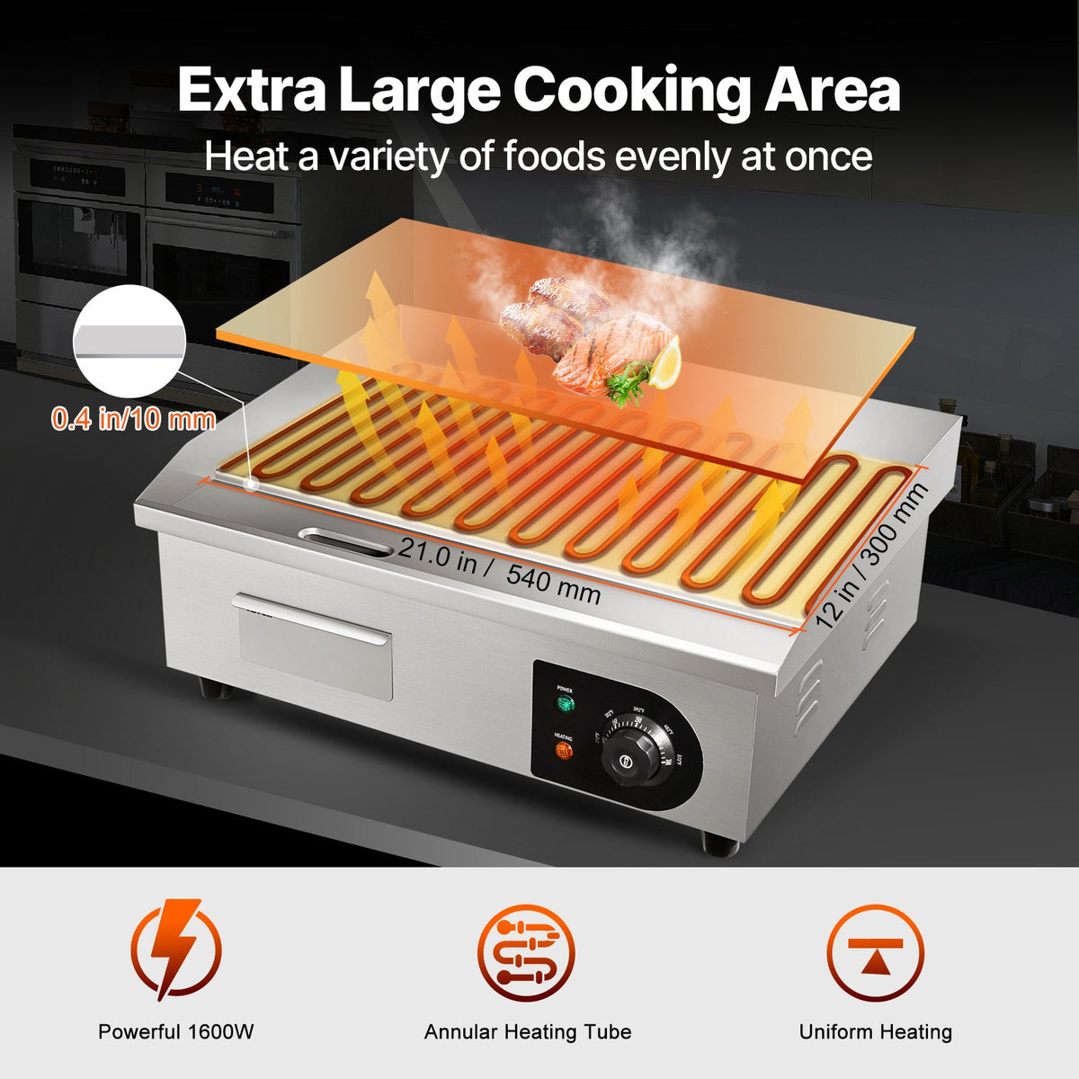 VEVOR Commercial Electric Griddle, 21", 1600W Countertop Flat Top Grill, Stainless Steel Teppanyaki Grill with Non Stick Iron Cooking Plate, 122-572℉ Adjustable Temp Control 2 - PDDBLDQ2210MMOPHZV1 - view 3