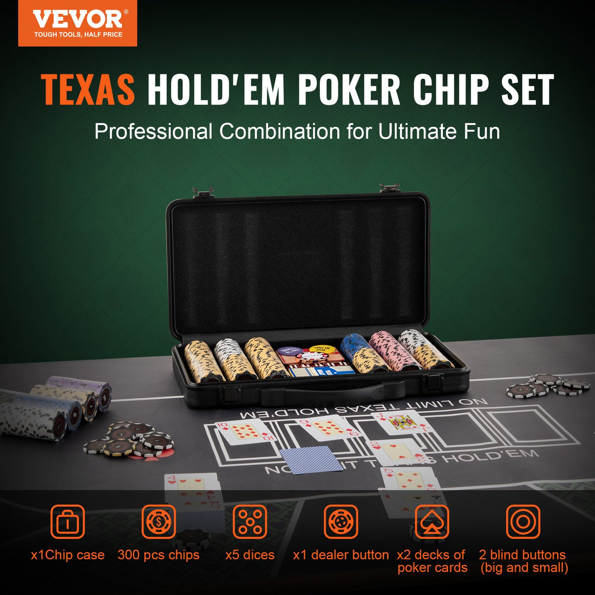 VEVOR Poker Chip Set, 300-Piece Poker Set, Complete Poker Playing Game Set with Carrying Case, Heavyweight 14 Gram Casino Clay Chips, Cards, Buttons and Dices, for Texas Hold'em, - PKCMTZCLAY308AR11V0 - view 2