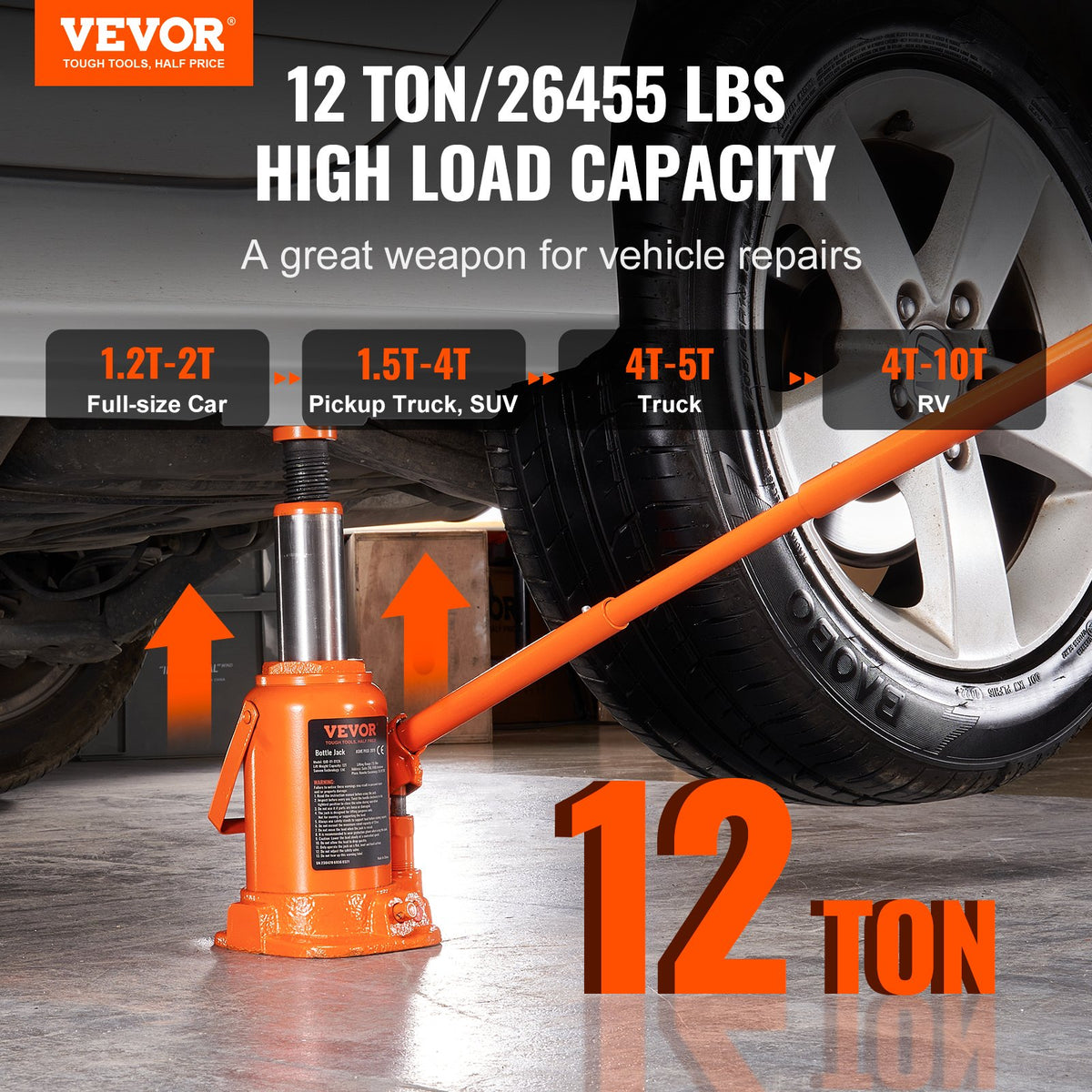 VEVOR Hydraulic Bottle Jack, 12 Ton/26455 LBS All Welded Bottle Jack, 7.5-14 inch Lifting Range, with 3-section Long Handle, for Pickup Truck, Truck, Car, RV, Auto Repair, Industrial Engineering - PS12T7514INCHXNRRV0 - view 2