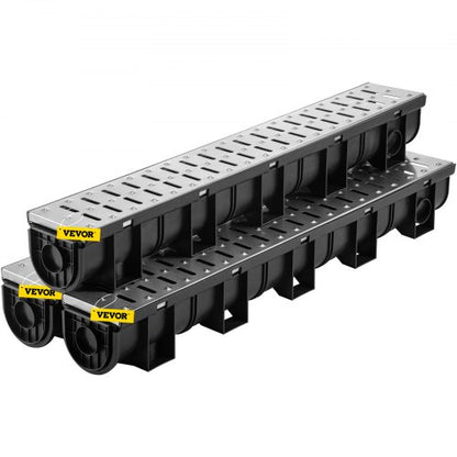 VEVOR Trench Drain System, Channel Drain with Metal Grate, 5.9x5.1-Inch HDPE Drainage Trench, Black Plastic Garage Floor Drain, 3x39 Trench Drain Grate, with 3 End Caps, for Garden - PSBXGM100100387N0V0 - view 1