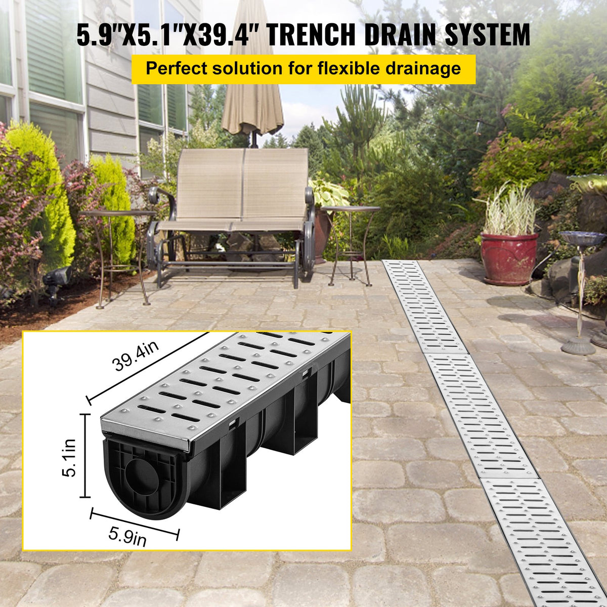 VEVOR Trench Drain System, Channel Drain with Metal Grate, 5.9x5.1-Inch HDPE Drainage Trench, Black Plastic Garage Floor Drain, 3x39 Trench Drain Grate, with 3 End Caps, for Garden - PSBXGM100100387N0V0 - view 2
