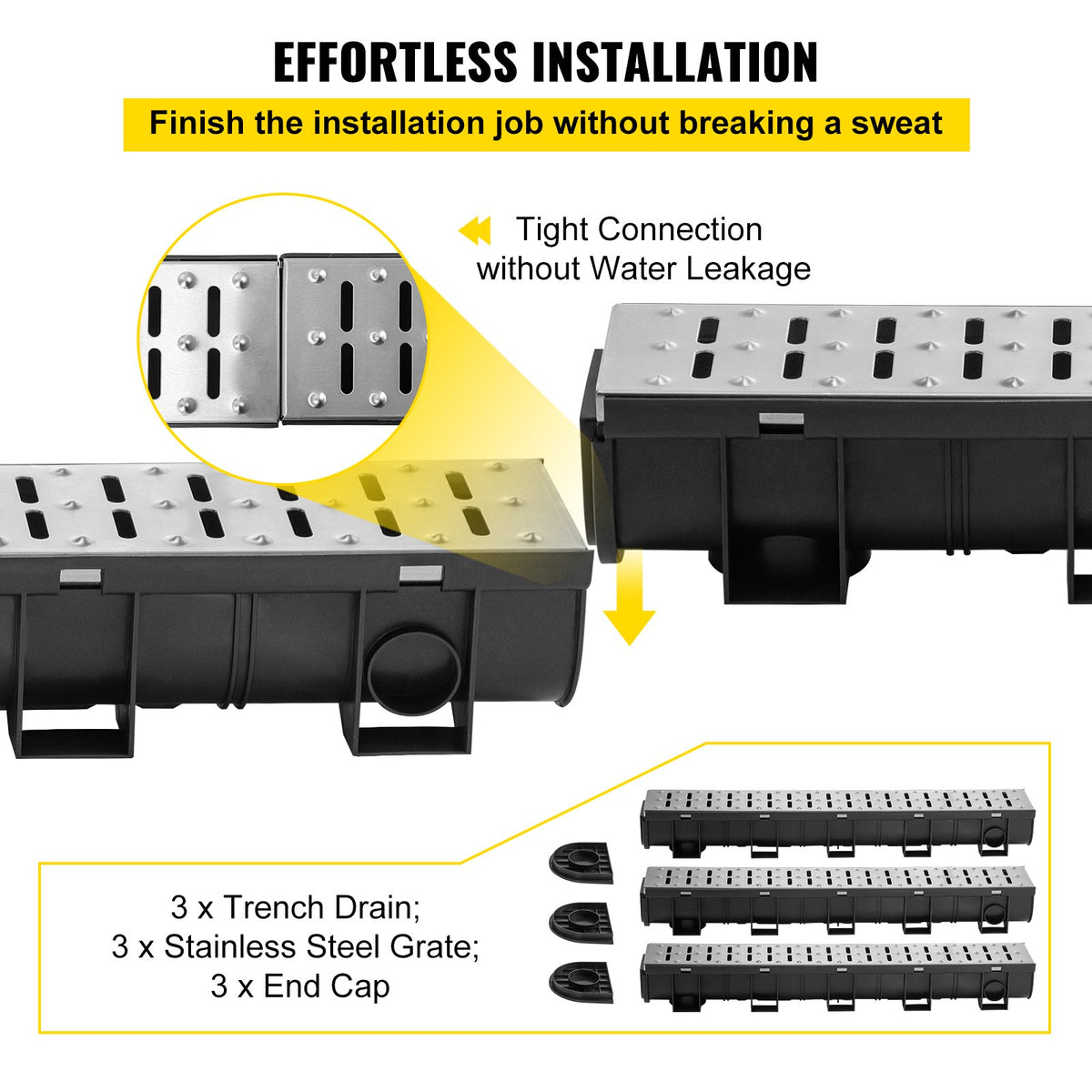 VEVOR Trench Drain System, Channel Drain with Metal Grate, 5.9x5.1-Inch HDPE Drainage Trench, Black Plastic Garage Floor Drain, 3x39 Trench Drain Grate, with 3 End Caps, for Garden - PSBXGM100100387N0V0 - view 3