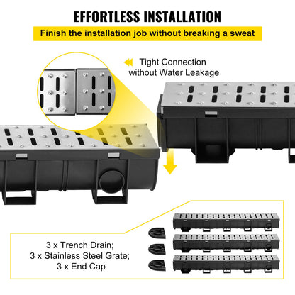 VEVOR Trench Drain System, Channel Drain with Metal Grate, 5.9x5.1-Inch HDPE Drainage Trench, Black Plastic Garage Floor Drain, 3x39 Trench Drain Grate, with 3 End Caps, for Garden - PSBXGM100100387N0V0 - view 3