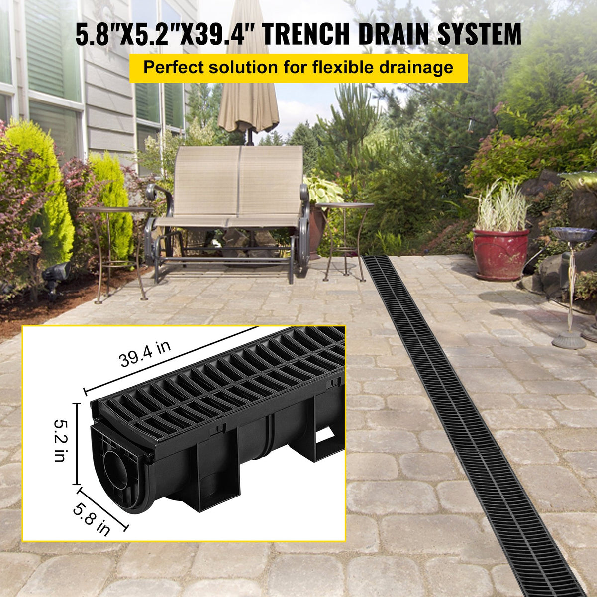 VEVOR Trench Drain System,5.8x5.2x39.4-Inch HDPE Drainage Trench,Channel Drain with Plastic Grate,Black Plastic Garage Floor Drain,3x39 Trench Drain Grate,with 3 End Caps, for Gard - PSLGM10010039V7B1V0 - view 2