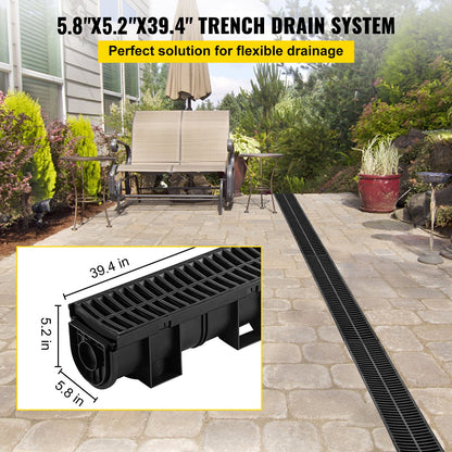 VEVOR Trench Drain System,5.8x5.2x39.4-Inch HDPE Drainage Trench,Channel Drain with Plastic Grate,Black Plastic Garage Floor Drain,3x39 Trench Drain Grate,with 3 End Caps, for Gard - PSLGM10010039V7B1V0 - view 2