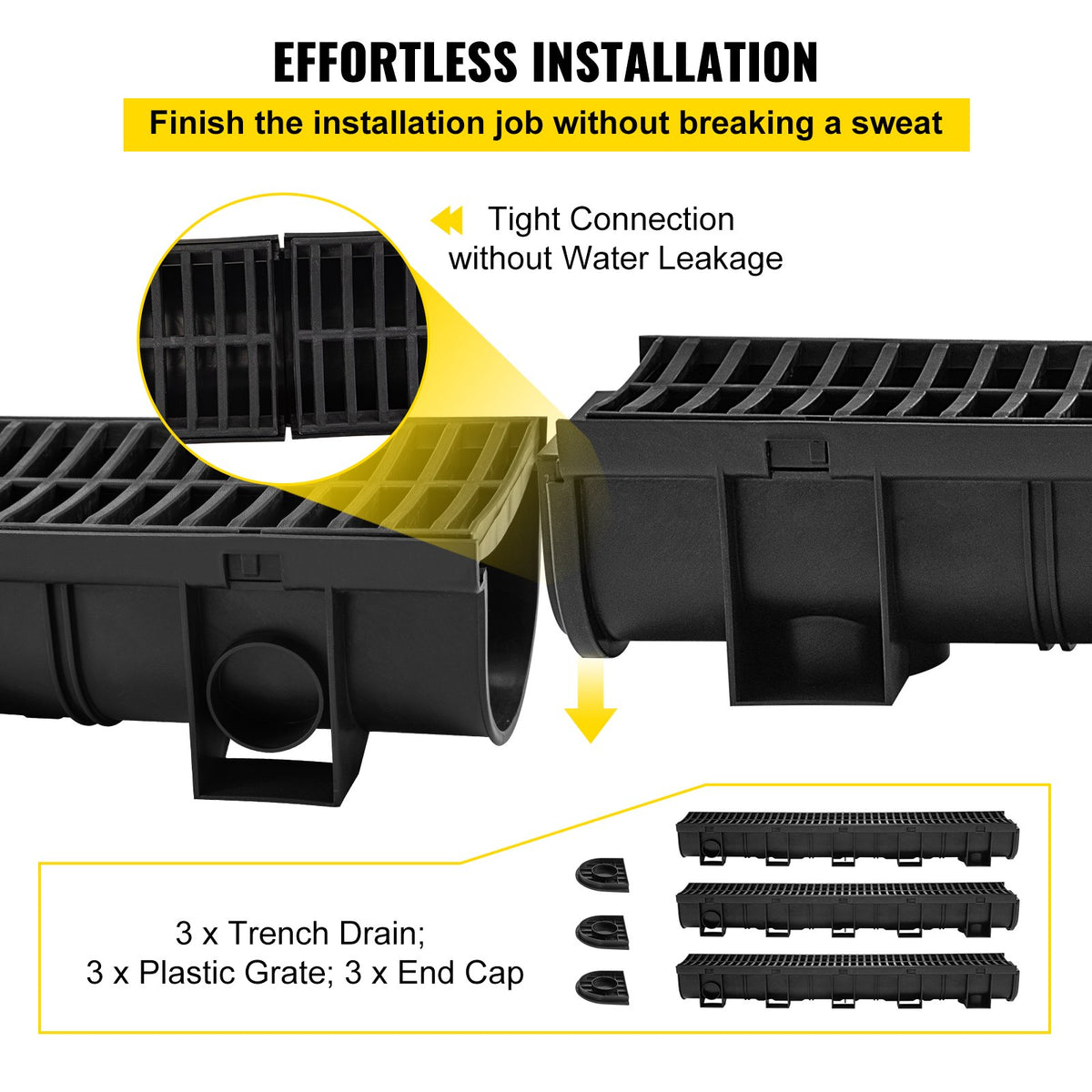 VEVOR Trench Drain System,5.8x5.2x39.4-Inch HDPE Drainage Trench,Channel Drain with Plastic Grate,Black Plastic Garage Floor Drain,3x39 Trench Drain Grate,with 3 End Caps, for Gard - PSLGM10010039V7B1V0 - view 3