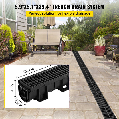 VEVOR Trench Drain System, Channel Drain with Plastic Grate, 5.9x5.1-Inch HDPE Drainage Trench, Black Plastic Garage Floor Drain, 6x39 Trench Drain Grate, with 6 End Caps, for Gard - PSLGM10010062P7QMV0 - view 2