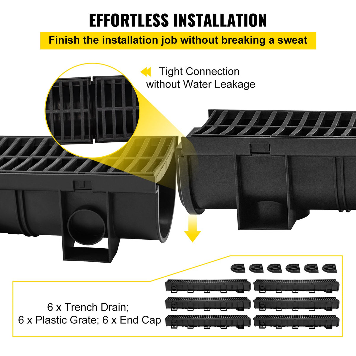 VEVOR Trench Drain System, Channel Drain with Plastic Grate, 5.9x5.1-Inch HDPE Drainage Trench, Black Plastic Garage Floor Drain, 6x39 Trench Drain Grate, with 6 End Caps, for Gard - PSLGM10010062P7QMV0 - view 3