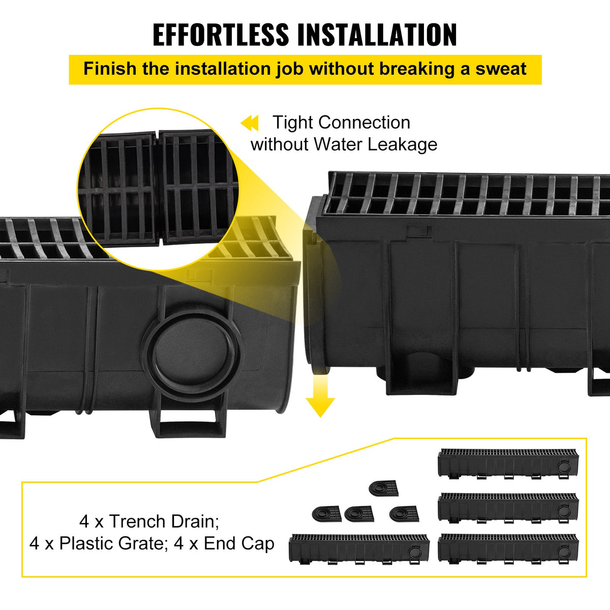 VEVOR Trench Drain System, Channel Drain with Plastic Grate, 5.9x7.5-Inch HDPE Drainage Trench, Black Plastic Garage Floor Drain, 4x39 Trench Drain Grate, with 4 End Caps, for Gard - PSLGM1001504FW50NV0 - view 3