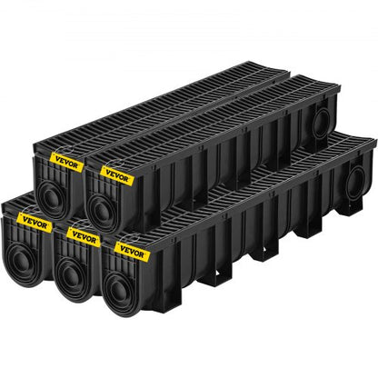 VEVOR Trench Drain System, Channel Drain with Plastic Grate, 5.9x7.5-Inch HDPE Drainage Trench, Black Plastic Garage Floor Drain, 5x39 Trench Drain Grate, with 5 End Caps, for Gard - PSLGM10015050F23MV0 - view 1