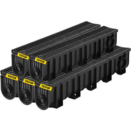 VEVOR Trench Drain System, Channel Drain with Plastic Grate, 5.9x7.5-Inch HDPE Drainage Trench, Black Plastic Garage Floor Drain, 5x39 Trench Drain Grate, with 5 End Caps, for Gard - PSLGM10015050F23MV0 - view 1