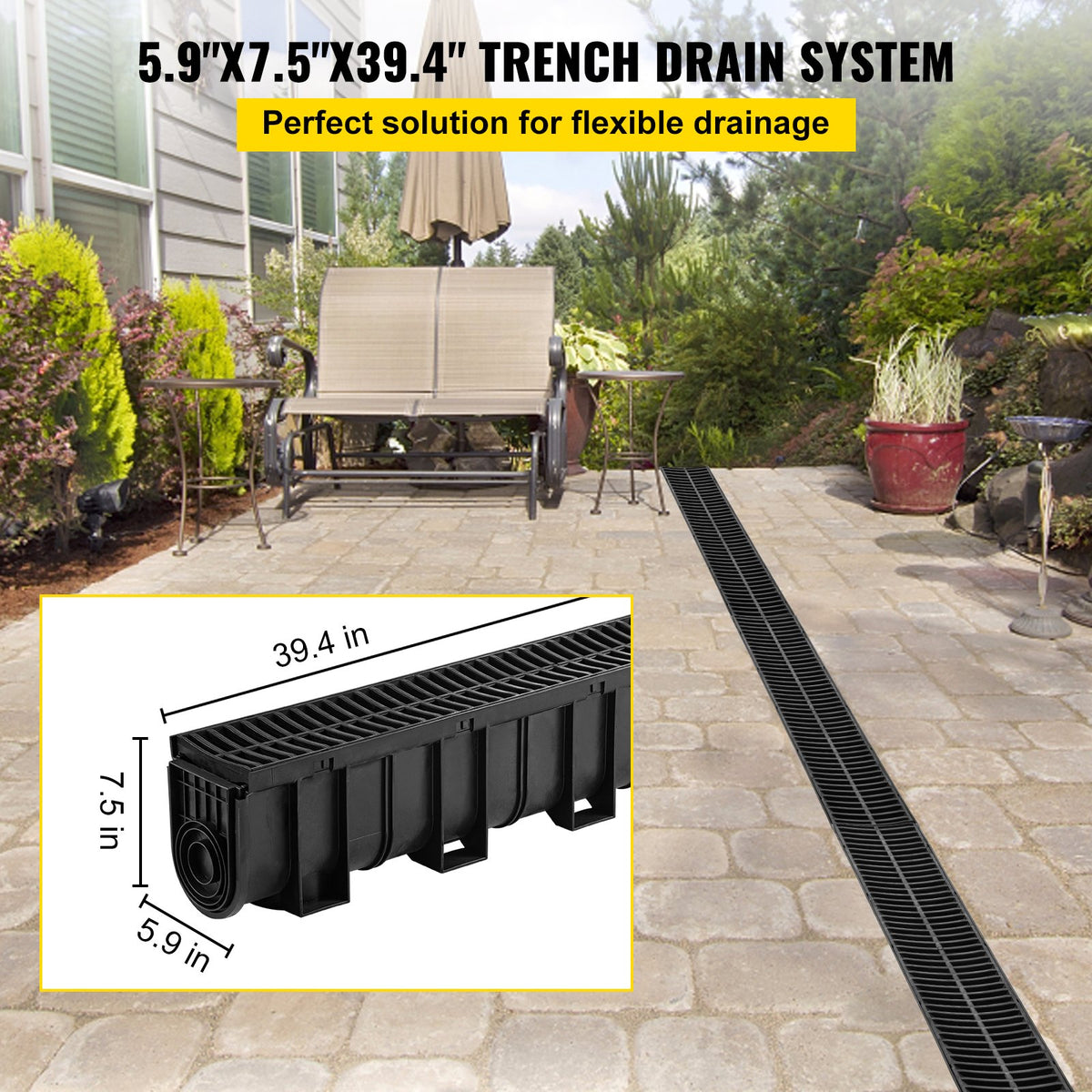 VEVOR Trench Drain System, Channel Drain with Plastic Grate, 5.9x7.5-Inch HDPE Drainage Trench, Black Plastic Garage Floor Drain, 5x39 Trench Drain Grate, with 5 End Caps, for Gard - PSLGM10015050F23MV0 - view 2