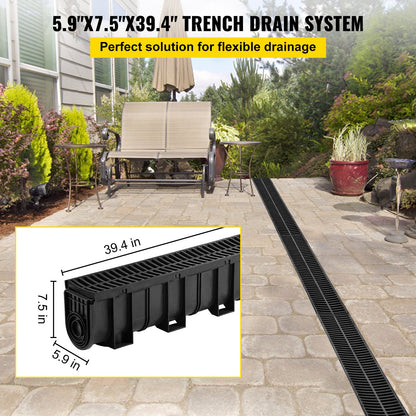 VEVOR Trench Drain System, Channel Drain with Plastic Grate, 5.9x7.5-Inch HDPE Drainage Trench, Black Plastic Garage Floor Drain, 5x39 Trench Drain Grate, with 5 End Caps, for Gard - PSLGM10015050F23MV0 - view 2