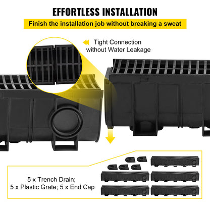 VEVOR Trench Drain System, Channel Drain with Plastic Grate, 5.9x7.5-Inch HDPE Drainage Trench, Black Plastic Garage Floor Drain, 5x39 Trench Drain Grate, with 5 End Caps, for Gard - PSLGM10015050F23MV0 - view 3