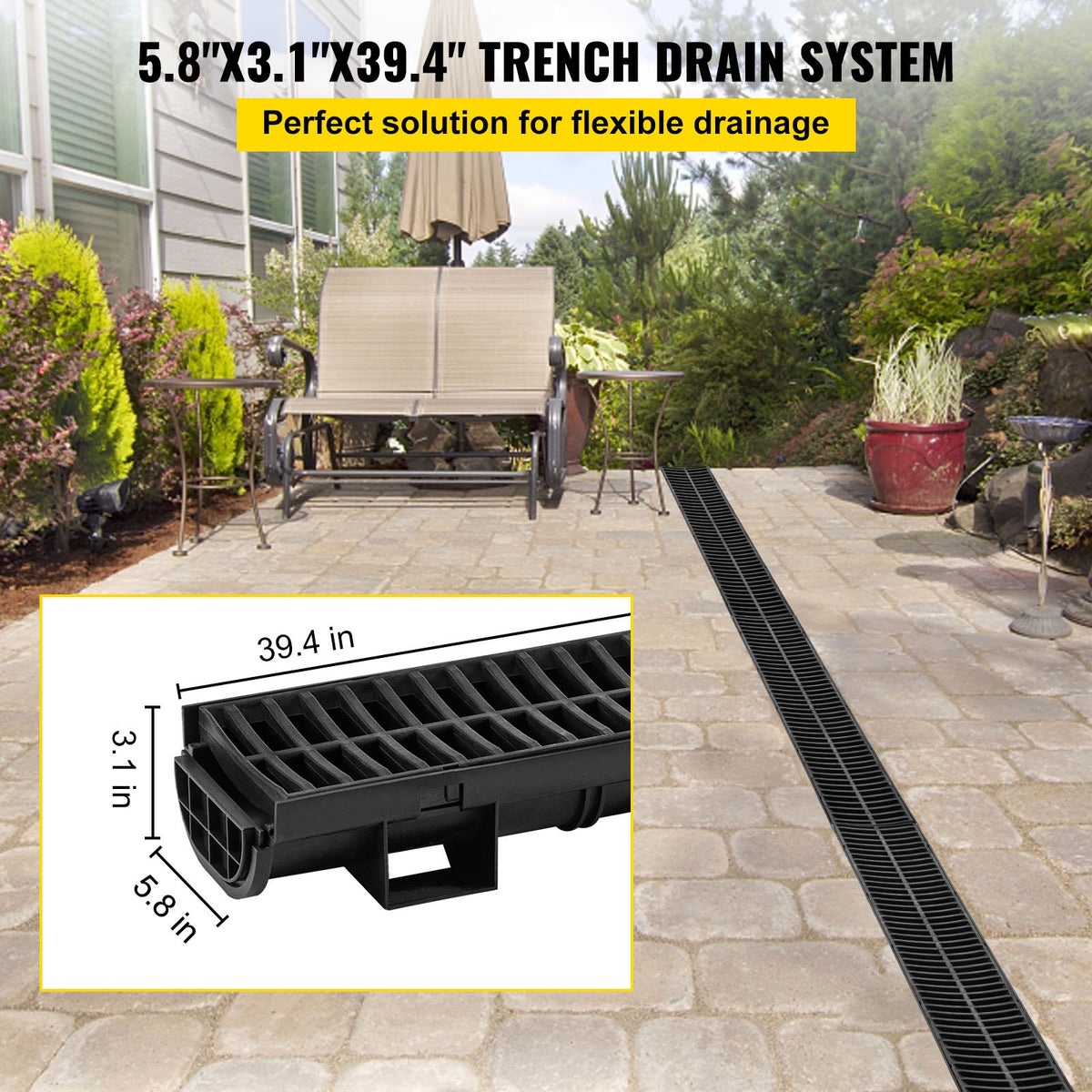 VEVOR Trench Drain System, Channel Drain with Plastic Grate, 5.8x3.1-Inch HDPE Drainage Trench, Black Plastic Garage Floor Drain, 6x39 Trench Drain Grate, with 6 End Caps, for Gard - PSLGM100456SVQGGJV0 - view 2