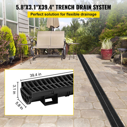 VEVOR Trench Drain System, Channel Drain with Plastic Grate, 5.8x3.1-Inch HDPE Drainage Trench, Black Plastic Garage Floor Drain, 6x39 Trench Drain Grate, with 6 End Caps, for Gard - PSLGM100456SVQGGJV0 - view 2