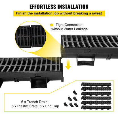VEVOR Trench Drain System, Channel Drain with Plastic Grate, 5.8x3.1-Inch HDPE Drainage Trench, Black Plastic Garage Floor Drain, 6x39 Trench Drain Grate, with 6 End Caps, for Gard - PSLGM100456SVQGGJV0 - view 3