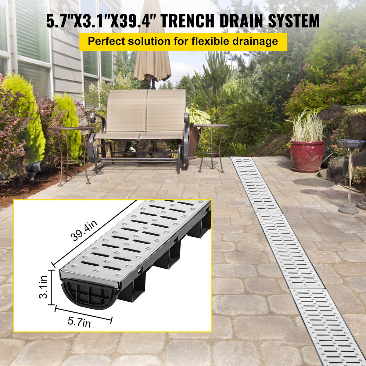 VEVOR Trench Drain System, Channel Drain with Metal Grate, 5.7x3.1-Inch HDPE Drainage Trench, Black Plastic Garage Floor Drain, 5x39 Trench Drain Grate, with 5 End Caps, for Garden - PSXGBM100455426SZV0 - view 2
