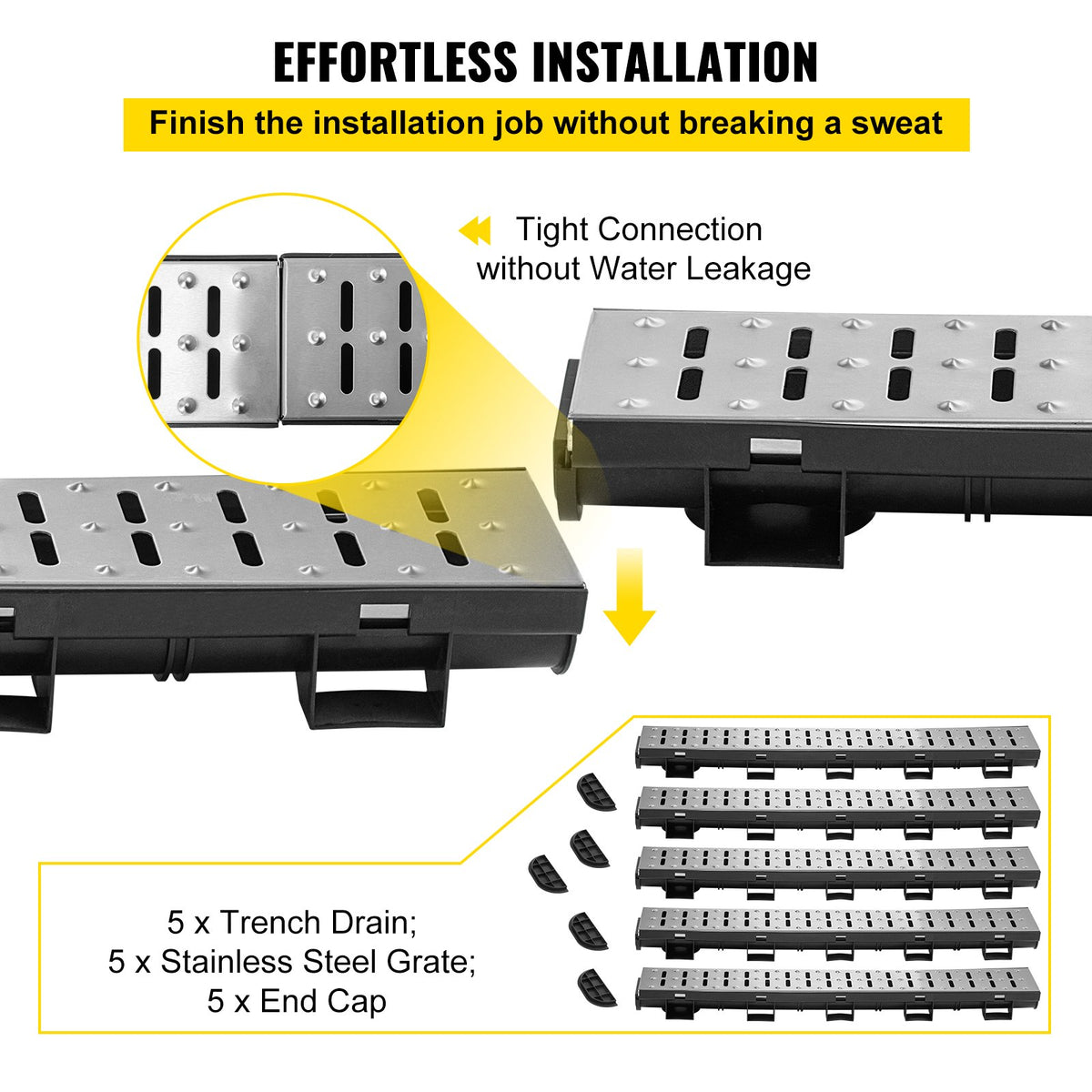 VEVOR Trench Drain System, Channel Drain with Metal Grate, 5.7x3.1-Inch HDPE Drainage Trench, Black Plastic Garage Floor Drain, 5x39 Trench Drain Grate, with 5 End Caps, for Garden - PSXGBM100455426SZV0 - view 3