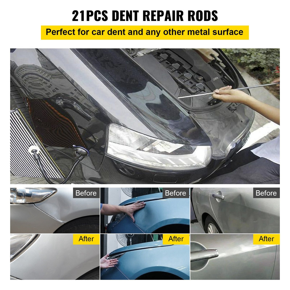 VEVOR Rods Dent Removal Kit, 21 Pcs Paintless Dent Repair Rods, Stainless Steel Dent Rods, Whale Tail Dent Repair Tools, Professional Hail Dent Removal Tool For Minor Dents, Door D - QCAHXFQTJQG22MPMOV0 - view 2