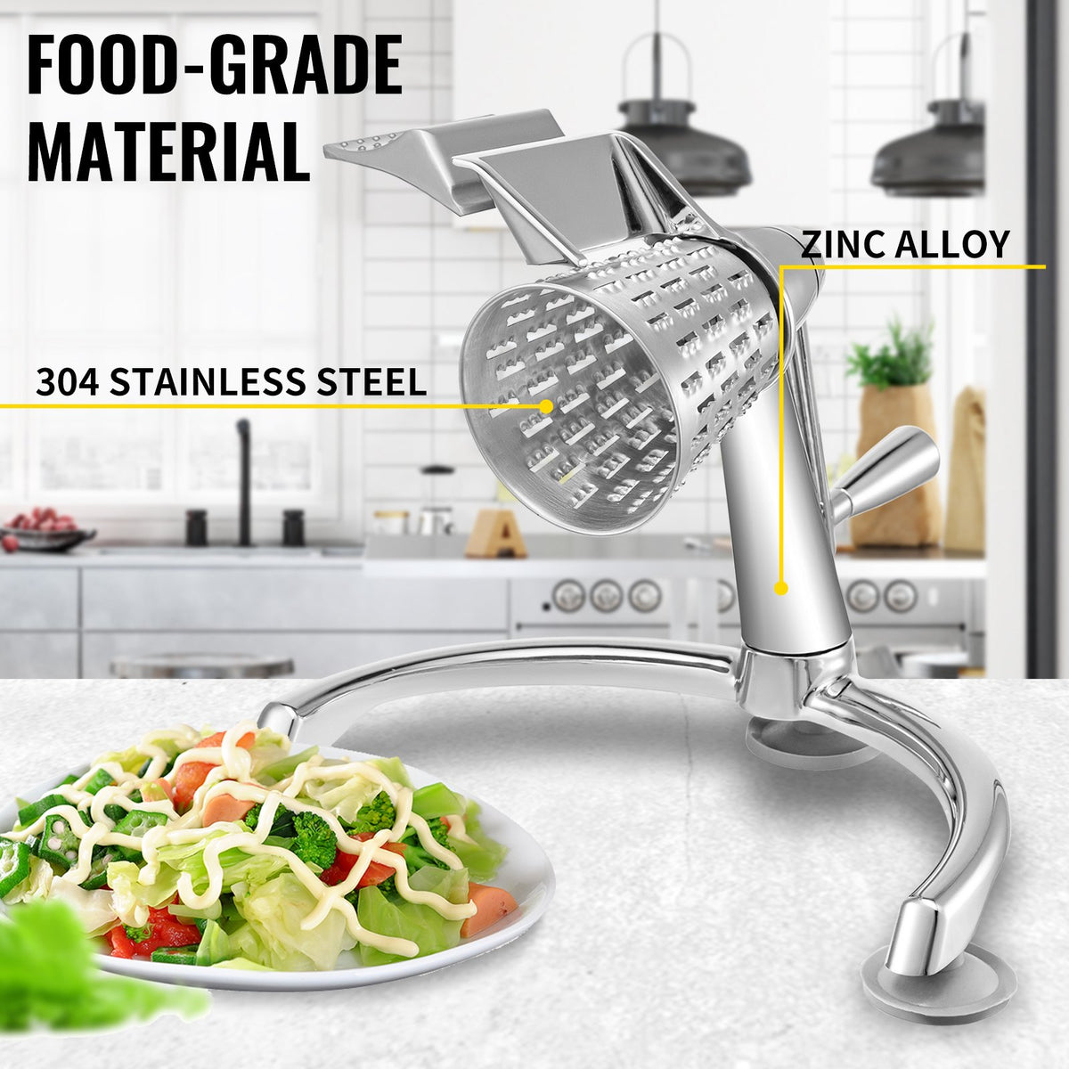 VEVOR Rotary Cheese Grater, Zinc Alloy Rotary Vegetable Mandoline, Manual Cheese Mandoline with 5 Stainless Steel Cutting Cones, Manual Vegetable Grater with 2.5L Bowl, Rotary Shre - QCJSCQPJ000000001V0 - view 2