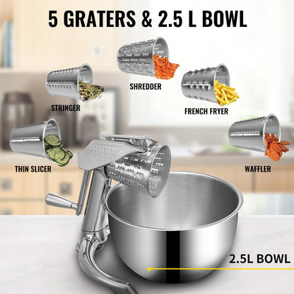 VEVOR Rotary Cheese Grater, Zinc Alloy Rotary Vegetable Mandoline, Manual Cheese Mandoline with 5 Stainless Steel Cutting Cones, Manual Vegetable Grater with 2.5L Bowl, Rotary Shre - QCJSCQPJ000000001V0 - view 3