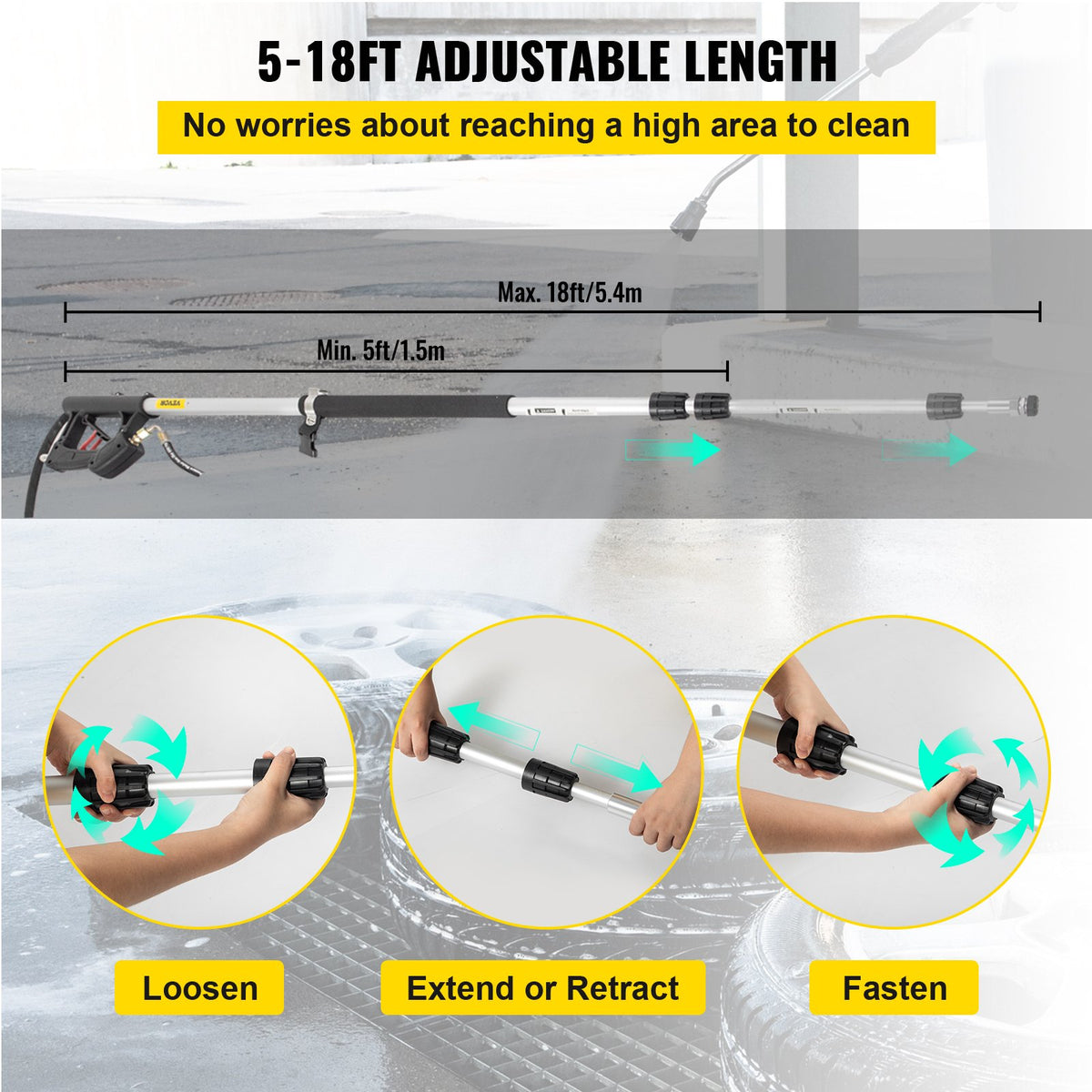 VEVOR Telescoping Pressure Washer Wand, Max. 18 ft Adjustable Power Washer Extension Wand, 4000PSI 9GPM Power Cleaning Tools with 5 Nozzle Tips, Strap Belt, 3/8\'\' & 1/4\'\' Quick Connectors, Silver/ - QDXDJ5.5MQXSQ0001V0 - view 3