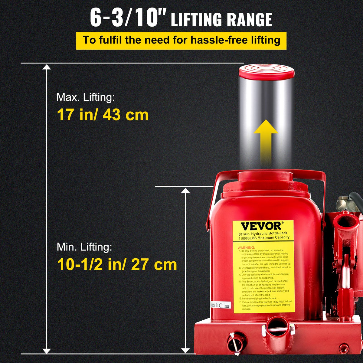 VEVOR Air Hydraulic Bottle Jack 50 Ton Bottle Jack 110231lbs Air Jack Rugged Steel Construction Heavy Duty for Auto Truck RV Repair Lift Tools - QJD50TSTSYYGS0001V0 - view 3