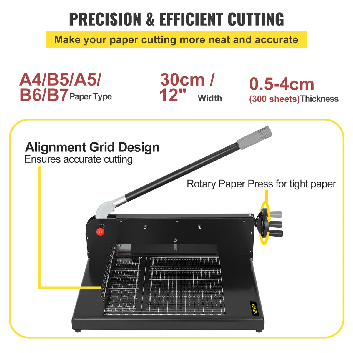 VEVOR Paper Cutter 12Inch A4 Commercial Heavy Duty Paper Cutter 300 Sheets 45HRC Hardness Stack Cutter Metal Base Desktop Stack Cutter for Home Office (A4) - QZJSG-299A4000001V0 - view 3