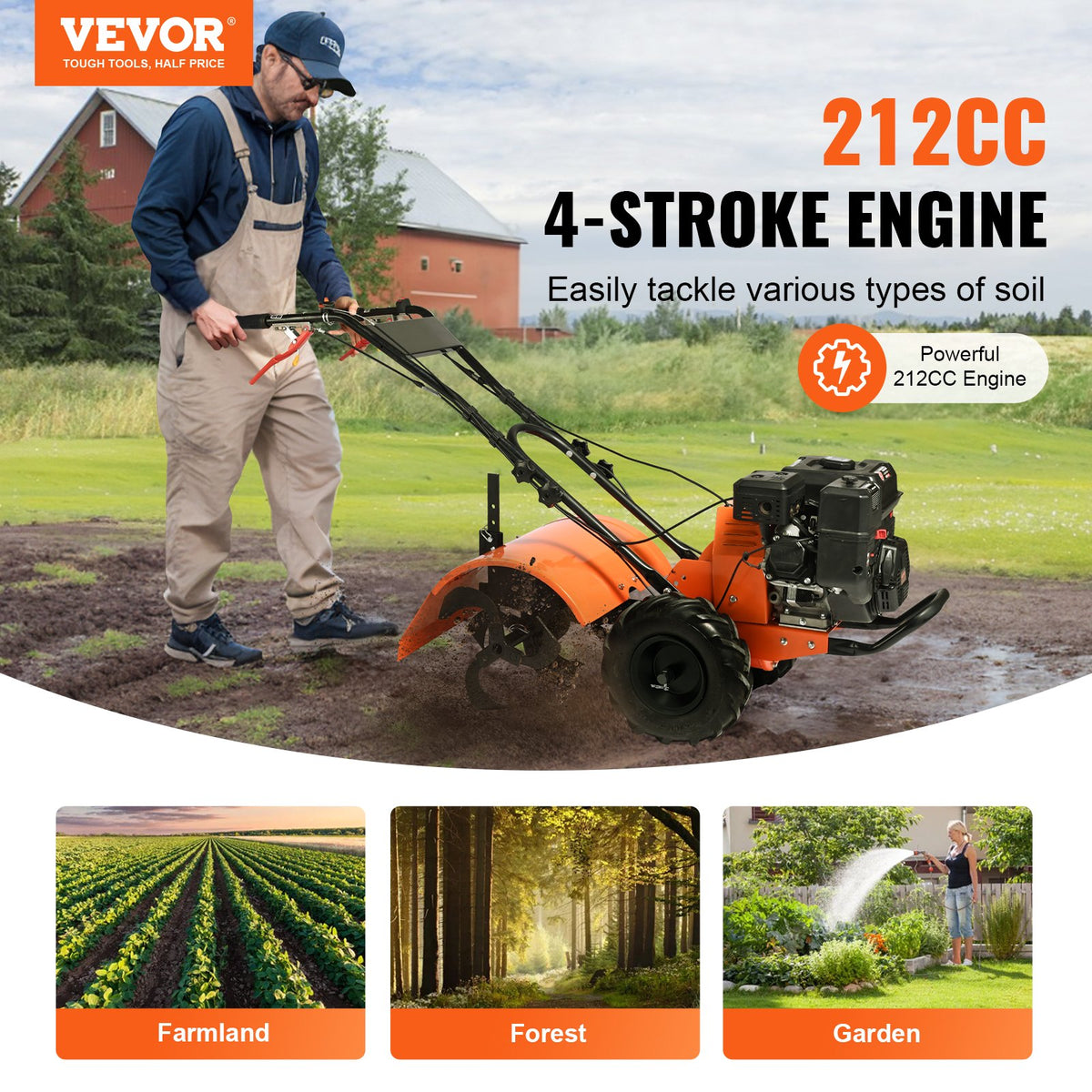 VEVOR Tiller Cultivator, 212CC 4-Stroke Garden Cultivator, Tiller with 4 Steel Adjustable Rear Tines for Lawn, Garden and Field Soil Cultivation - RYGYJ212CCSCGHWDEV0 - view 2