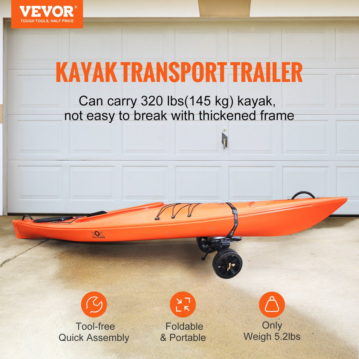 VEVOR Heavy Duty Kayak Cart, 320lbs Load Capacity, Detachable Canoe Trolley Cart with 10'' Solid Tires, Adjustable Brackets & Nonslip Support Foot, for Kayaks Canoes Paddleboards - S320LBS10INCHRSSKV0 - view 2