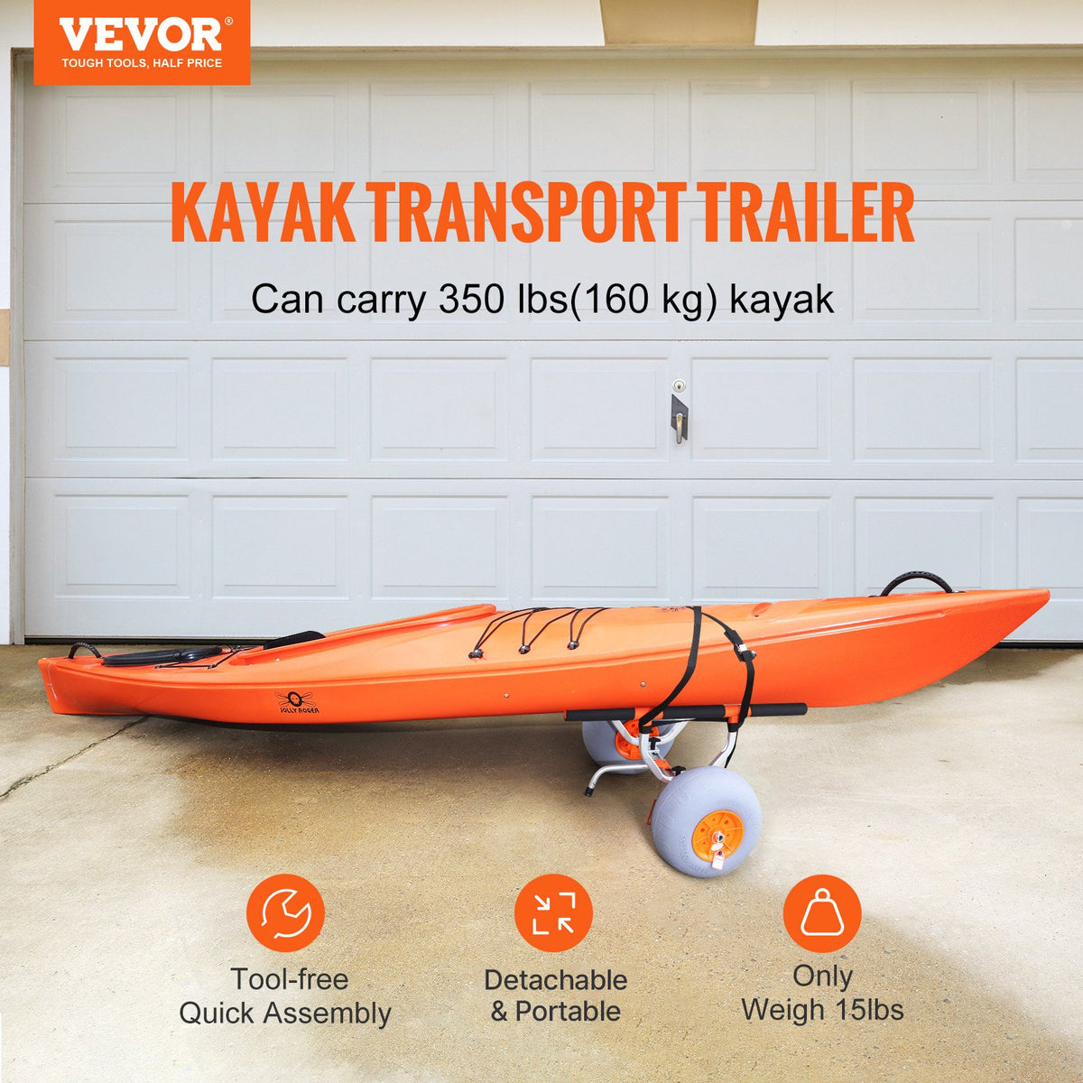 VEVOR Heavy Duty Kayak Cart, Foldable Canoe Trolley Cart with 12'' Tires, Adjustable Width 6.69"-17.32",350 Lb Weight Capacity Kayak Trolley for Kayaks Canoes Paddleboards Float - S330LBS13INCH0AXFV0 - view 2