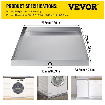 VEVOR 304 Stainless Steel Washing Machine Drain Pan, 32 x 30 x 2.5 in - view 2
