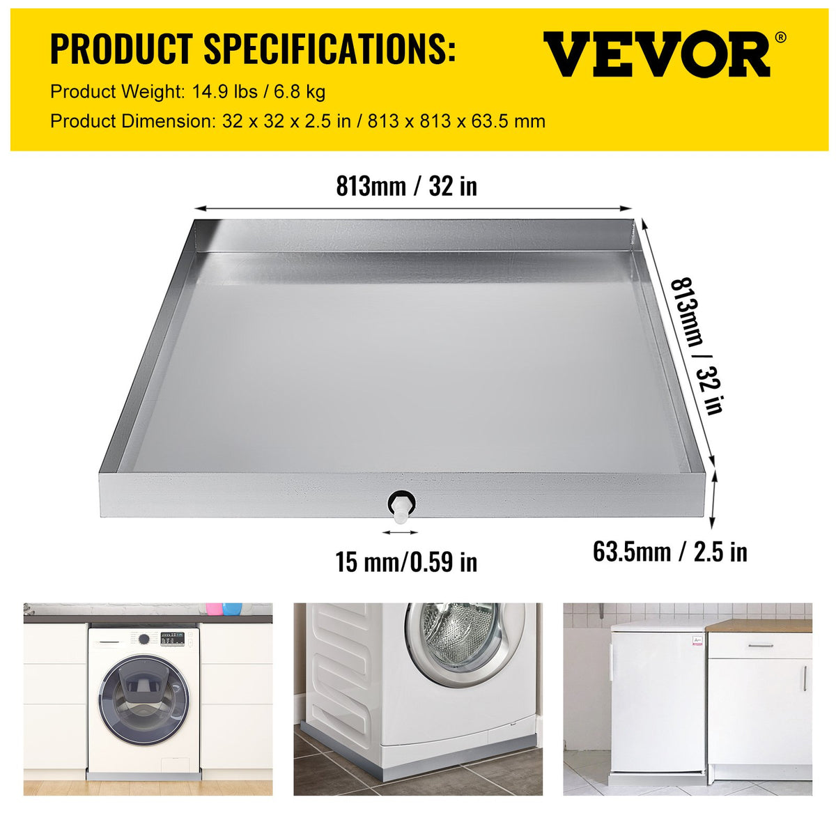 VEVOR 304 Stainless Steel Washing Machine Drain Pan, 32 x 32 x 2.5 in - view 2