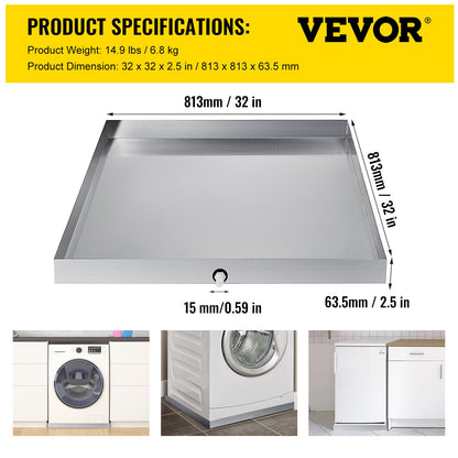 VEVOR 304 Stainless Steel Washing Machine Drain Pan, 32 x 32 x 2.5 in - view 2
